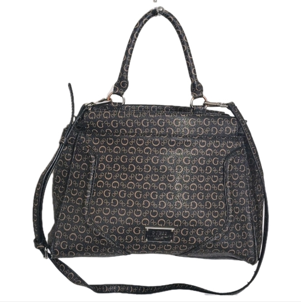 GUESS Top Handle Satchel Black With Gold Monogram Logo Crossbody Strap GUC